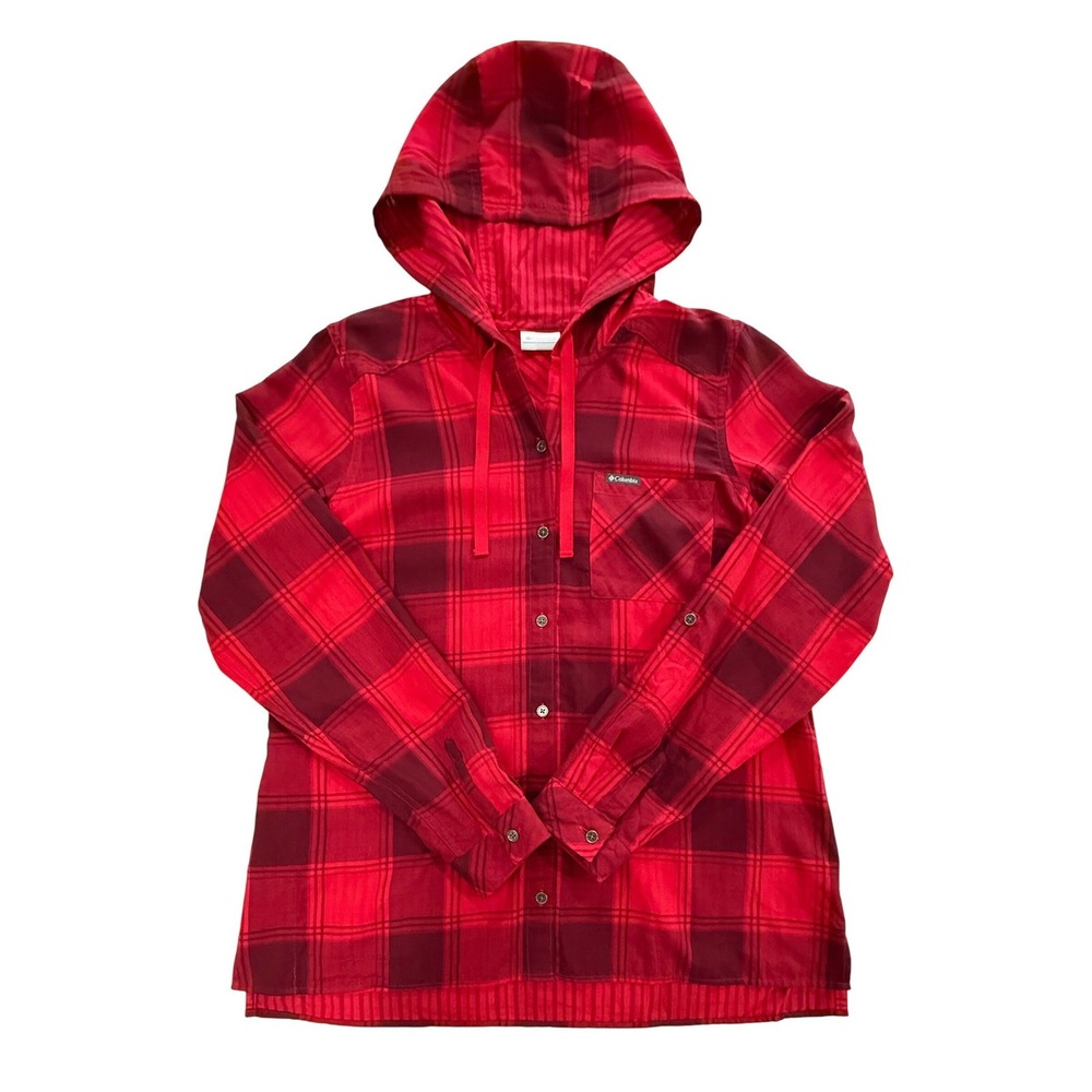 Columbia Womens Red Plaid Hooded Cotton Shirt Roll Tab Sleeve XL0794 Large W444